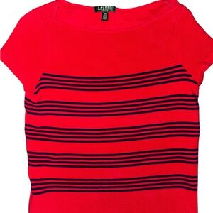 Lauren Ralph Lauren Red with Navy Stripe Short Sleeve Ottoman Knit Top Sz PM